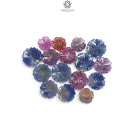 Multi Sapphire Gemstone Carving : 84.00cts Natural Untreated Unheated Bi-Color Sapphire Hand Carved Flowers 10mm - 14mm 16pcs Set