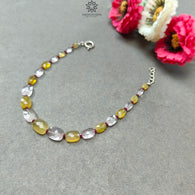 Opal Morganite & Ruby Beads Bracelet: 5.76gms 925 Sterling Silver Yellow Opal And Pink Morganite Gemstone Briolette Cushion Checker Cut 8.5
