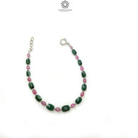 Quartz & Sapphire Gemstone Beads Bracelet : 4.04gms Green Quartz Pink Sapphire 925 Sterling Sliver Beaded Bracelet Checker Cut Bracelet 7.5