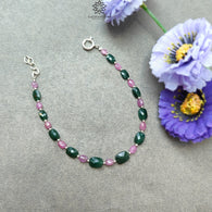 Quartz & Sapphire Gemstone Beads Bracelet : 4.04gms Green Quartz Pink Sapphire 925 Sterling Sliver Beaded Bracelet Checker Cut Bracelet 7.5