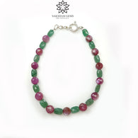 Quartz & Sapphire Gemstone Beads Bracelet : 8.59gms Green Quartz Pink Sapphire 925 Sterling Sliver Beaded Bracelet Checker Cut Bracelet 8