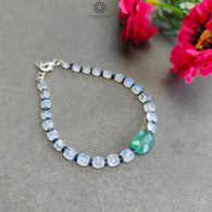 Gemstone Beads Bracelet : 3.56gms Green Quartz Rainbow Moonstone Blue Sapphire 925 Sterling Sliver Beaded Bracelet Briolette Checker Cut 7