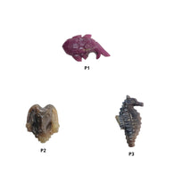 Ruby & Multi Sapphire Gemstone Carving : Natural Untreated Unheated Hand Carved Fish Ram Head And Sea Horse Sculpture
