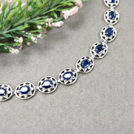 925 Sterling Silver Bracelet : 19.33gms Natural Blue Sapphire Gemstone With CZ Oval Normal Cut Prong Set Tennis Bracelet 7.5