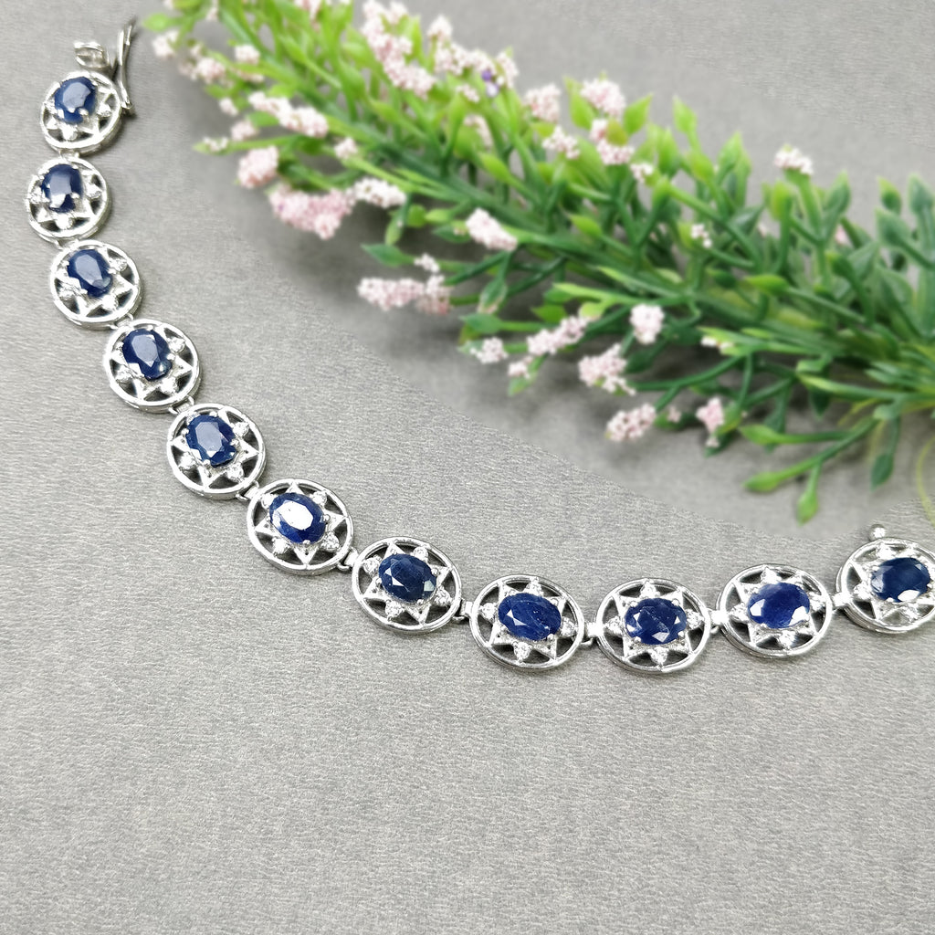 925 Sterling Silver Bracelet : 19.33gms Natural Blue Sapphire Gemstone With  CZ Oval Normal Cut Prong Set Tennis Bracelet 7.5