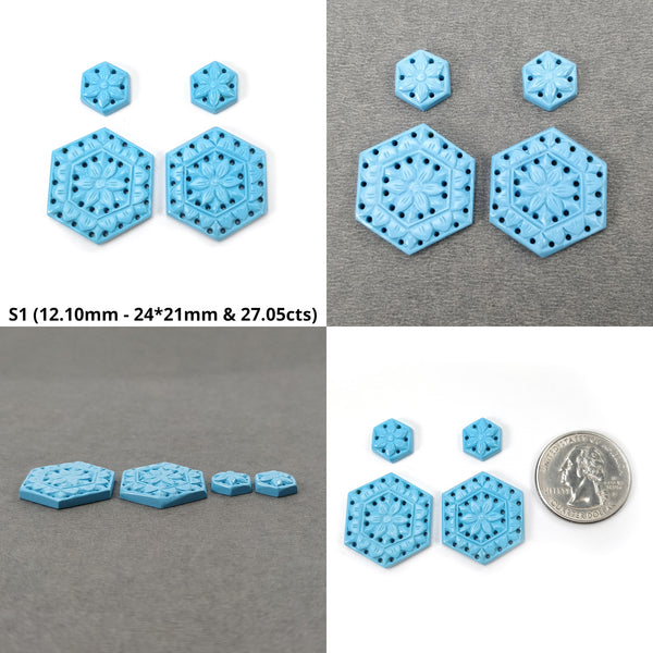 Simulant Turquoise & Milky Onyx Gemstone Carving : Natural Onyx And Turquoise Hand Carved Hexagon Oval Shape 4pcs Set