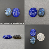 Labradorite & Lapis Lazuli Gemstone Carving : Natural Untreated Unheated Hand Carved Scarabs 2pcs Set