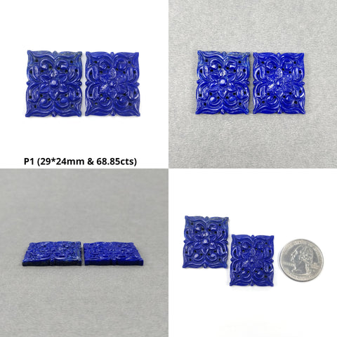 LAPIS LAZULI Gemstone Carving : Natural Untreated Blue Lapis Hand Carved Square & Rectangle Shape Pairs