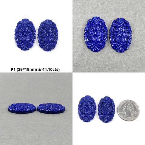 LAPIS LAZULI Gemstone Carving : Natural Untreated Blue Lapis Hand Carved Oval & Pear Shape Pairs