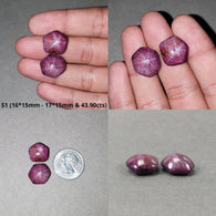 Johnson Star Ruby Gemstone Cabochon : 43cts - 48cts Natural Untreated Unheated Red 6Ray Star Ruby Hexagon Shape 2Pcs Sets