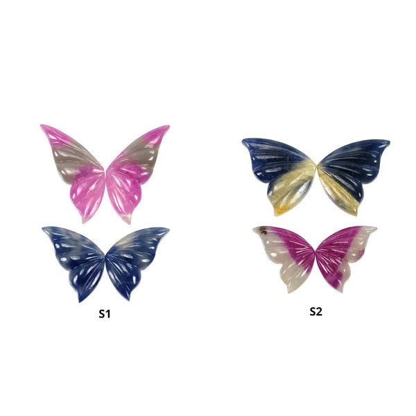 MULTI SAPPHIRE Gemstone Carving : Natural Untreated Bi-Color Sapphire Hand Carved Butterfly 2pairs Set