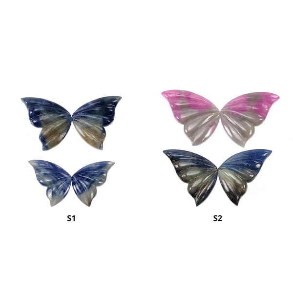 MULTI SAPPHIRE Gemstone Carving : Natural Untreated Bi-Color Sapphire Hand Carved Butterfly 2pairs Set