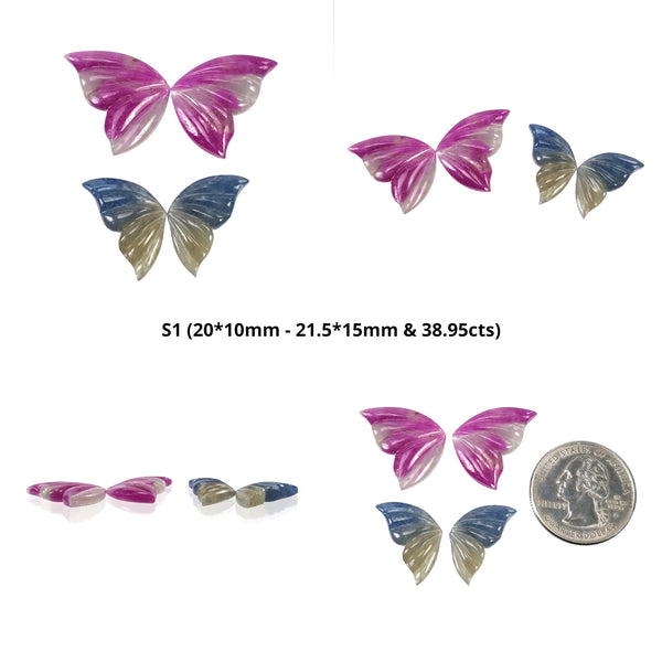 MULTI SAPPHIRE Gemstone Carving : Natural Untreated Bi-Color Sapphire Hand Carved Butterfly 2pairs Set