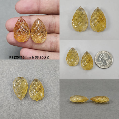 CITRINE Gemstone Carving : Natural Untreated Unheated Yellow Citrine Both Side Hand Carved Pear & Triangle Shape Carving Pairs For Earrings