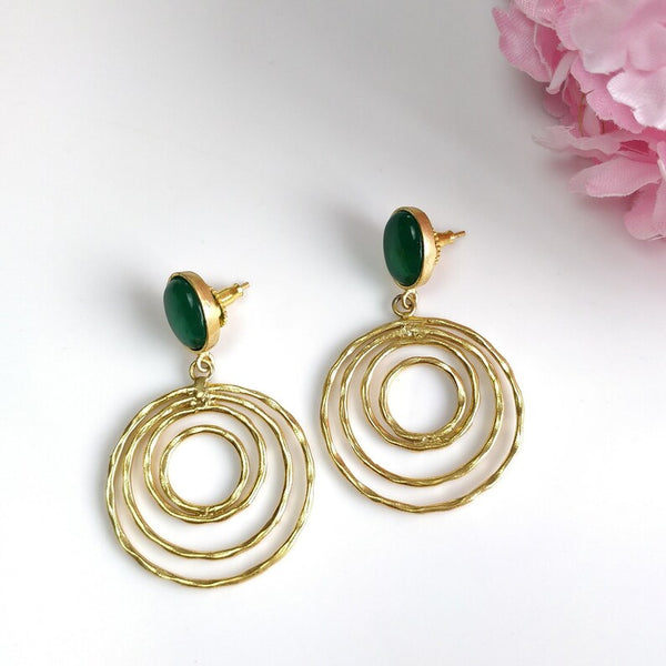 Green Onyx Gemstone Earring : 2" Handmade Brass 18k Gold Plated 12.50gms Oval Round Bezel Setting Drop Dangle Push Back Earring