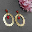 Red Coral Gemstone Earring : 3" 18k Gold Plated Handmade 14.70gms Brass Oval BRUSHED Texture Drop Dangle Push Back Earring