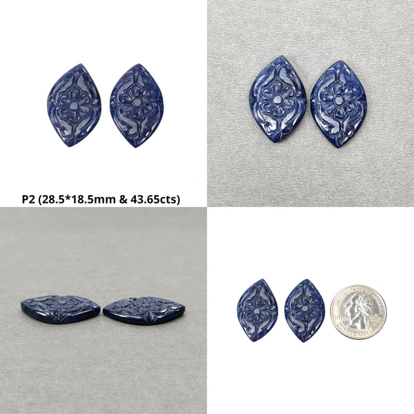 Blue Sapphire Gemstone Carving : Natural Untreated Unheated Blue Sapphire Hand Carved Uneven Shape Pairs