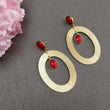 Red Coral Gemstone Earring : 3" 18k Gold Plated Handmade 14.70gms Brass Oval BRUSHED Texture Drop Dangle Push Back Earring