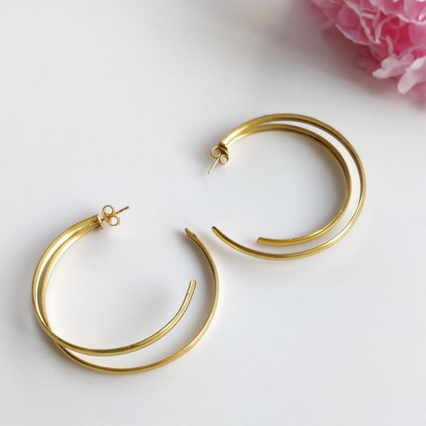 Handmade Brass Earring : 2.25" 18k Gold Plated 10.55GMS Brass Boho Style Large Dainty Hoop Push Back Earring Gift For Her