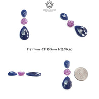 Blue & Pink Sapphire Gemstone Rose Cut And Carving : Natural Untreated Unheated Sapphire Round Flower With Pear Shape 3pcs Sets