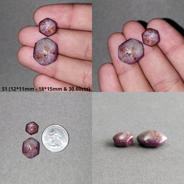 Johnson Star Trapiche Ruby Gemstone Cabochon : 30cts - 148cts Natural Untreated Unheated 6Ray Star Ruby Hexagon Shape 2pcs Sets