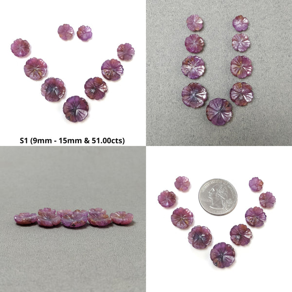 Pink Sapphire Carving : Natural Untreated Unheated Raspberry Sheen Sapphire Gemstone Hand Carved Round Flowers Sets