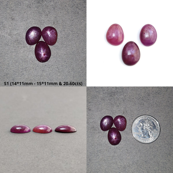 Star Sapphire Gemstone Cabochon : 20cts - 40cts Natural Untreated African Pink Sapphire 6Ray Star Uneven Egg Shape Set