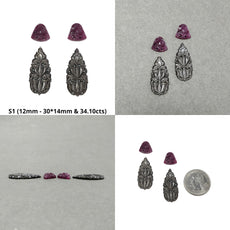 Blue Silver Sapphire & Ruby Gemstone Carving : Natural Untreated Sapphire Hand Carved Butterfly And Pear Shape Pair/Set