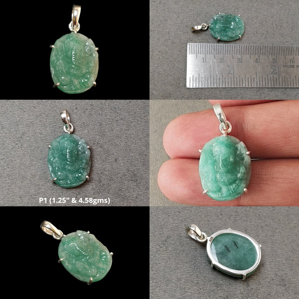 Emerald Gemstone With 925 Sterling Silver Pendant : Natural Untreated Unheated Green Emerald Hand Carved Prong Set Lord Ganesha Pendant