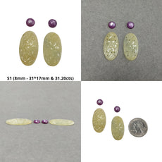 Yellow & Pink Sapphire Gemstone Carving And Rose Cut : Natural Untreated Sapphire Oval Round Shapes 4pcs Sets