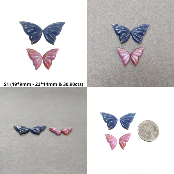 Multi Sapphire Gemstone Carving : Natural Untreated Multi Color Sapphire Hand Carved Butterfly 2pairs Set