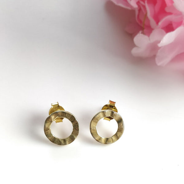 Handmade Brass Earring : 0.50" 18k Gold Plated 2.22GMS Brass Boho Style Round Hammer Texture Stud Push Back Earring Gift For Her