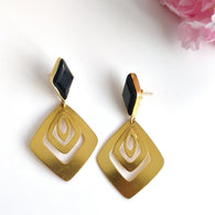 Black Gemstone Brass Earring : 6*3CM Handmade 18k Gold Plated 10.00gm Boho Style Marquise Bezel Set Push Back Drop Dangle Earring