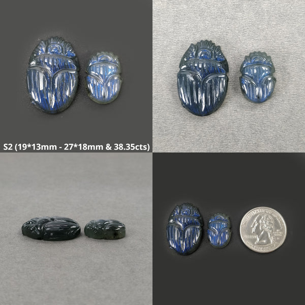 LABRADORITE Gemstone Carving : Natural Untreated Unheated Labradorite Hand Carved Scarabs 2pcs Set