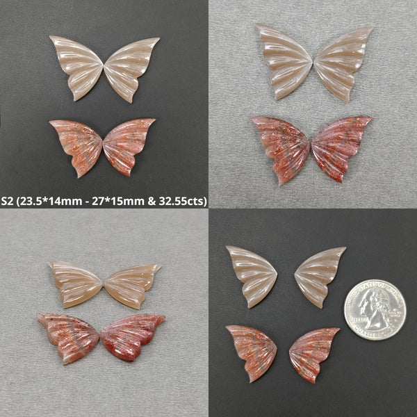 Orange Sunstone & Peach Moonstone Gemstone Carving : Natural Untreated Unheated Hand Carved Butterfly 2 Pair Set