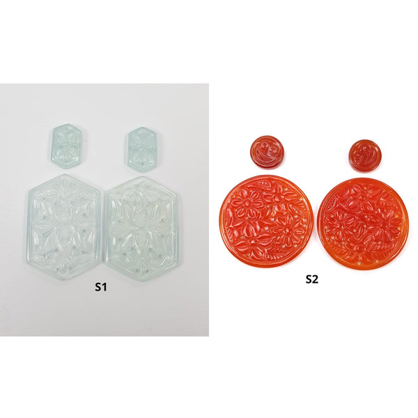 Milky Blue & Orange ONYX Gemstone Carving : Natural Color Enhanced Onyx Hand Carved Hexagon And Round Shape 4pcs Sets