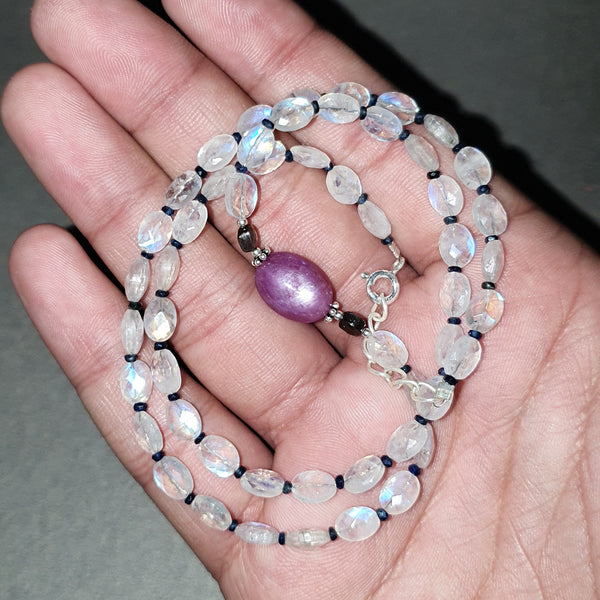 Rainbow Moonstone Star Ruby Sapphire Beads Necklace: 65.90cts Natural Untreated With 925 Sterling Silver Faceted Necklace 4mm - 7*5mm 19.25"