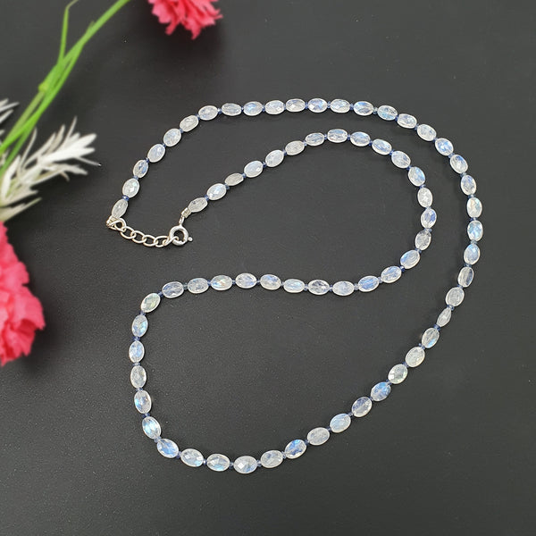 Rainbow Moonstone & Blue Sapphire Beads Necklace: 48.05cts Natural Untreated With 925 Sterling Silver Faceted Necklace 6*4mm 21.50"