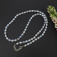 Rainbow Moonstone & Blue Sapphire Beads Necklace: 48.05cts Natural Untreated With 925 Sterling Silver Faceted Necklace 6*4mm 21.50
