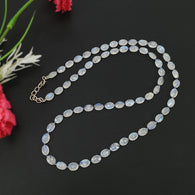 Rainbow Moonstone & Blue Sapphire Beads Necklace: 60.10cts Natural Untreated With 925 Sterling Silver Faceted Necklace 7*5mm 21