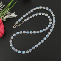 Rainbow Moonstone & Blue Sapphire Beads Necklace : 67.45cts Natural Untreated With 925 Sterling Silver Faceted Necklace 7*5mm 20