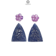 Blue & Pink Sapphire Gemstone Carving : 55.60cts Natural Untreated Sapphire Triangle And Round Flower Shape 11mm - 26.5*20.5mm 4pcs Sets