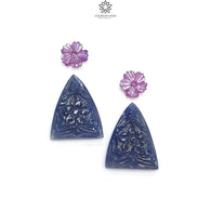 Blue & Pink Sapphire Gemstone Carving : 55.60cts Natural Untreated Sapphire Triangle And Round Flower Shape 11mm - 26.5*20.5mm 4pcs Sets