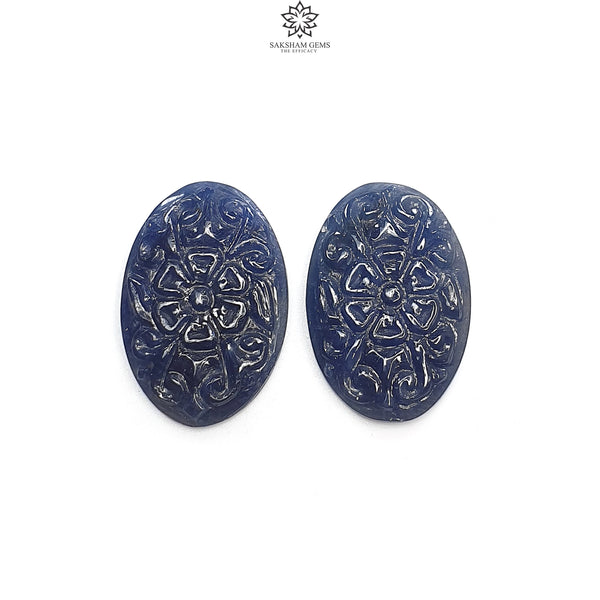 Blue Sapphire Gemstone Carving : 41.90cts Natural Untreated Unheated Blue Sapphire Hand Carved Oval Shape 27*18mm Pair