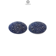 Blue Sapphire Gemstone Carving : 41.90cts Natural Untreated Unheated Blue Sapphire Hand Carved Oval Shape 27*18mm Pair