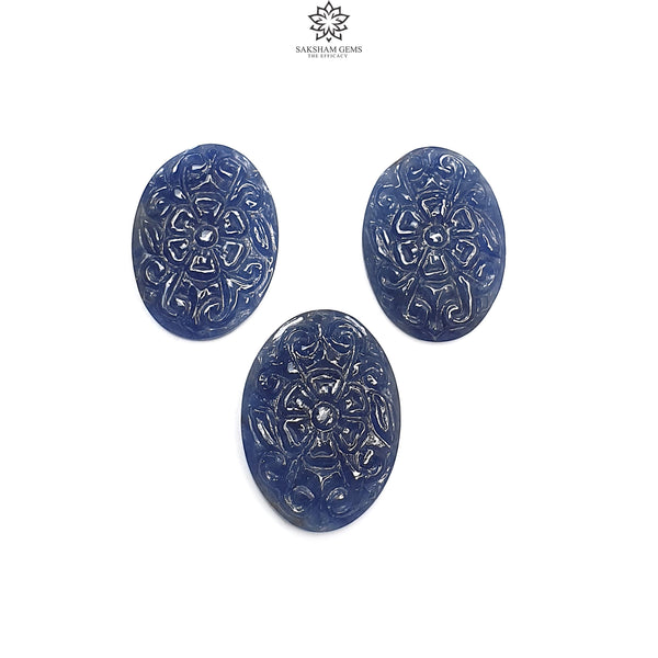 Blue Sapphire Gemstone Carving : 62.10cts Natural Untreated Unheated Blue Sapphire Hand Carved Oval Shape 27*18mm 3pcs