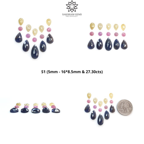 Blue & Pink Yellow Sapphire Gemstone Rose Cut : Natural Untreated Unheated Sapphire Pear Round Shape 15pcs Sets