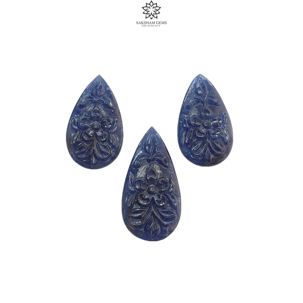 Blue Sapphire Gemstone Carving : 65.60cts Natural Untreated Unheated Blue Sapphire Hand Carved Pear Shape 30*17mm - 35*18mm 3pcs