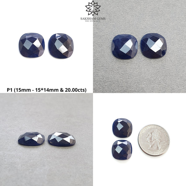 Sapphire Gemstone Rose & Checker Cut : Natural Untreated Unheated Blue Sapphire Cushion Shape Pair/Set