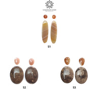 Botswana Agate Sunstone & Peach Moonstone Gemstone Rose Cut Cabochon : Natural Untreated Bi-Color Agate Egg Oval Shape 4pcs Set